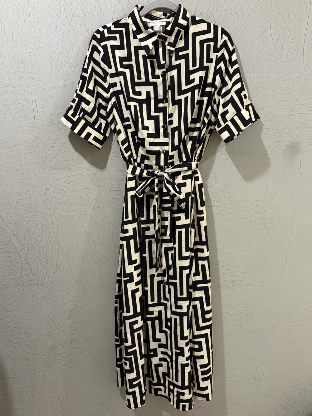 Black & White Geometric Maxi Shirt Dress with Tie Waist